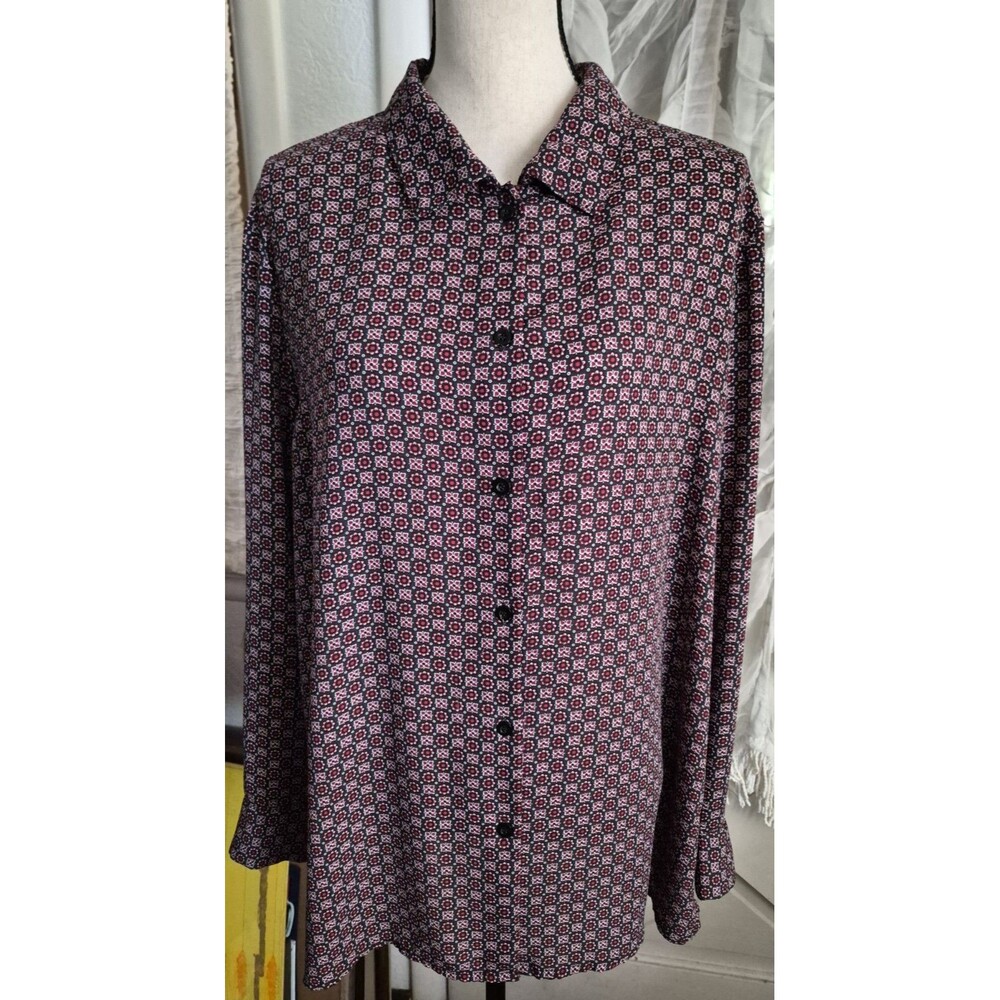 Chelsea & Theodore Women XXL Red Gray Floral Button Shirt Blouse Long Slv